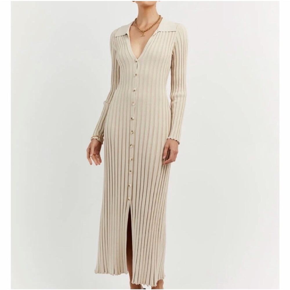Dissh Sylvia Stone Ribbed Knit Midi Dress Cream Beige Long Sleeve Button Down XL